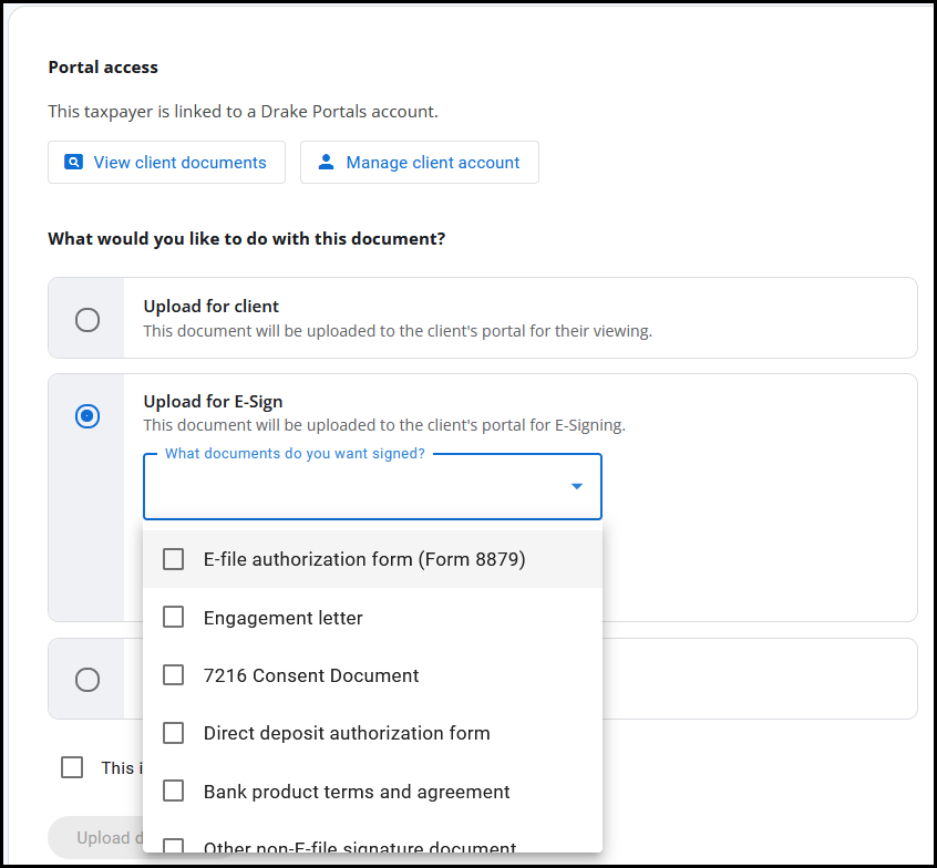 Upload for E-Sign radio button and list